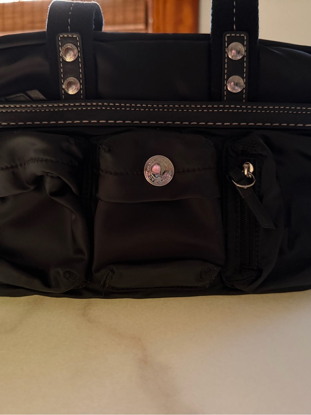 Coach Black Nylon Shoulder Bag with White Contrast Stitching